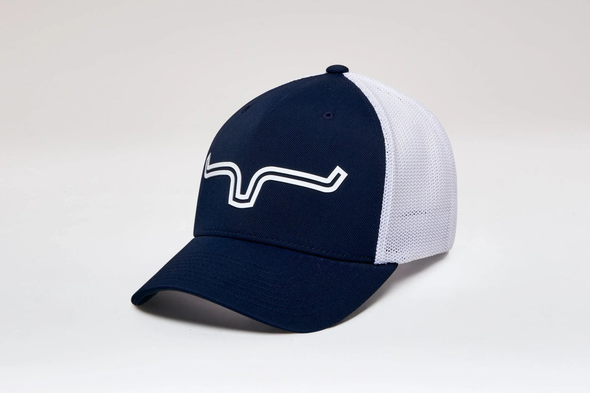Kimes Ranch 110 Double Trac Trucker Hat in Navy, side view, with white mesh back and logo
