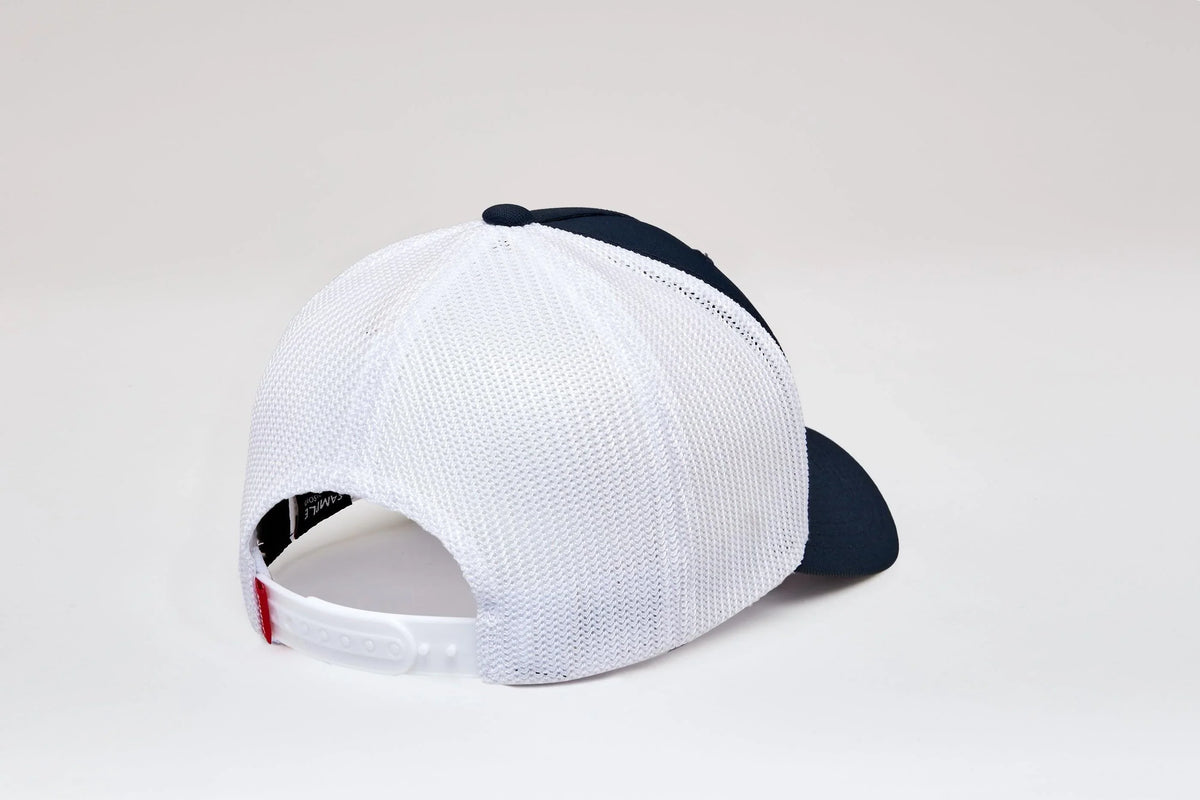 Kimes Ranch 110 Double Trac Trucker Hat, back view, with white mesh back and navy brim