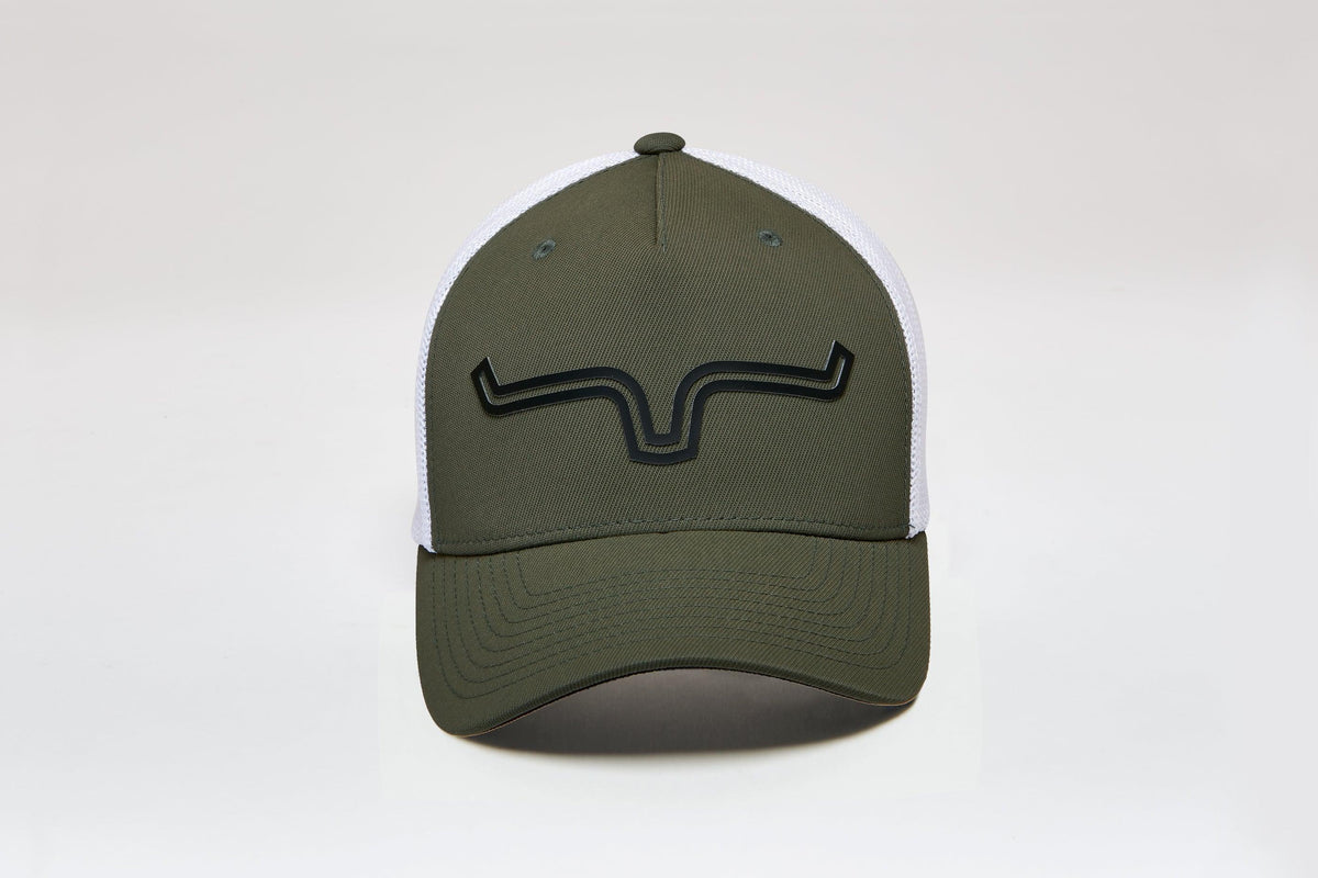 Kimes Ranch 110 Double Trac Trucker Hat in olive green with white mesh back and black logo