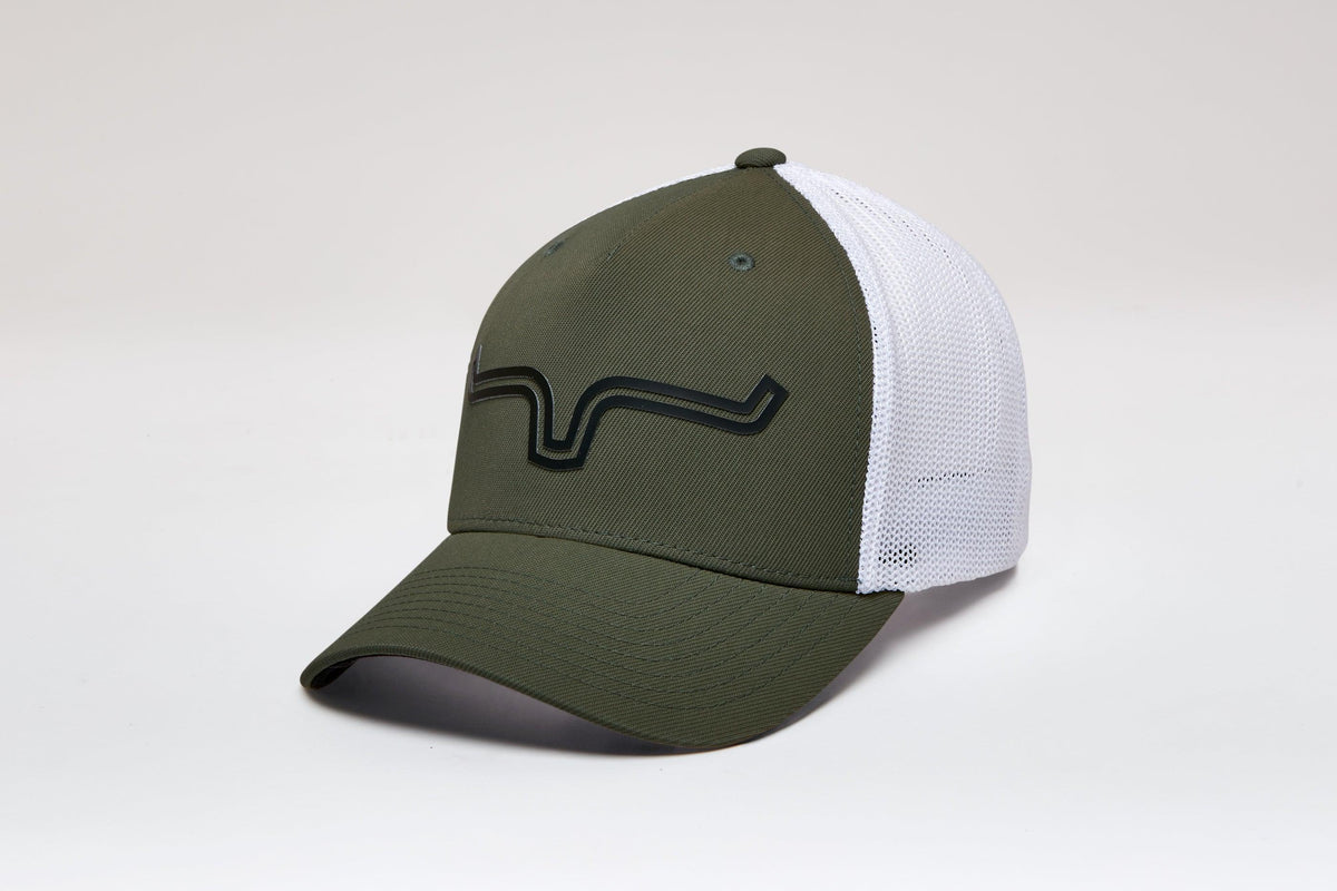 Kimes Ranch 110 Double Trac Trucker Hat in Sage, side view, with white mesh back and black logo