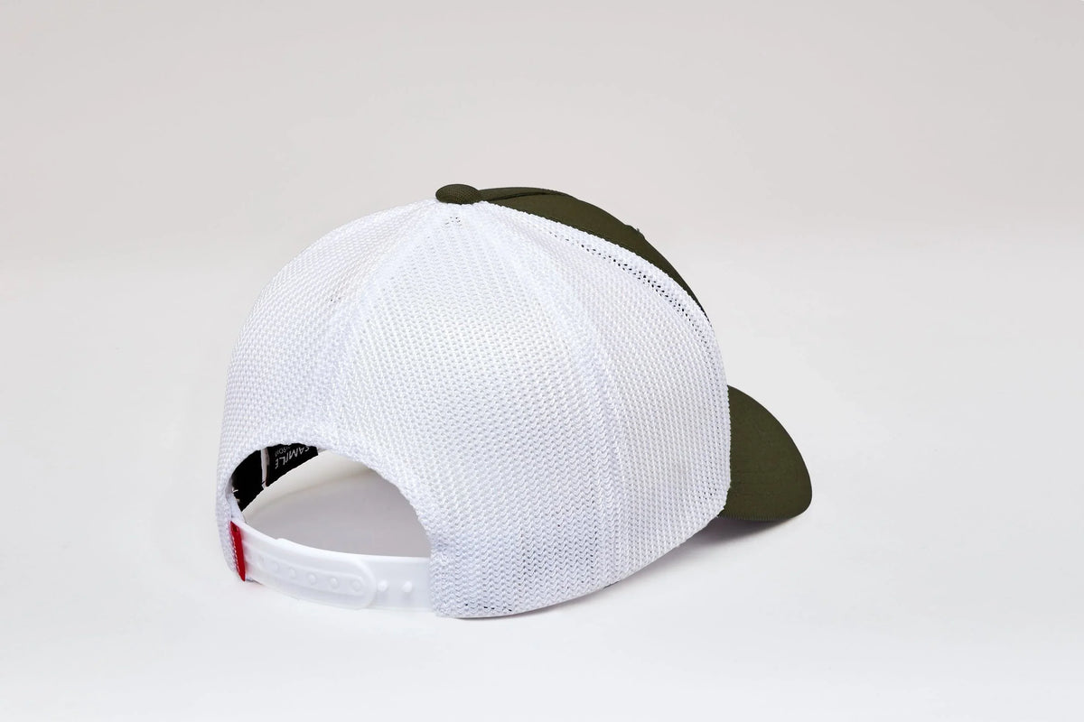 Kimes Ranch 110 Double Trac Trucker Hat, back view, in white mesh with olive green front panels and brim
