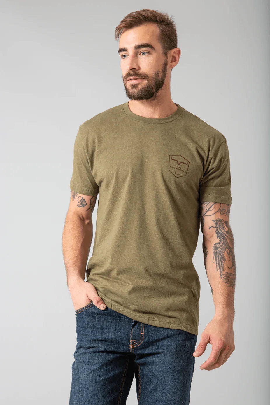 Kimes Ranch Shielded Trucker Shirt in Military Green with short sleeves and a chest logo