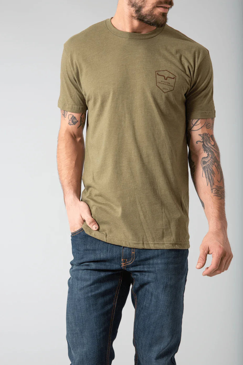 Kimes Ranch Shielded Trucker Shirt in olive with a chest pocket featuring the Kimes Ranch logo and text