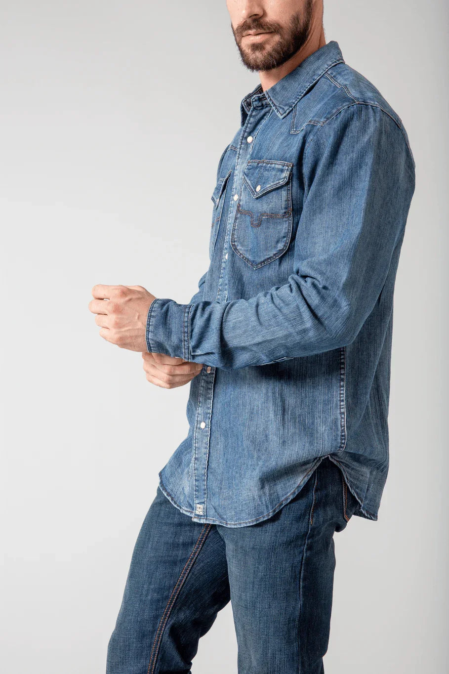 Kimes Ranch Grimes Dress Shirt, side view, in Dark Indigo with western yoke and two chest pockets