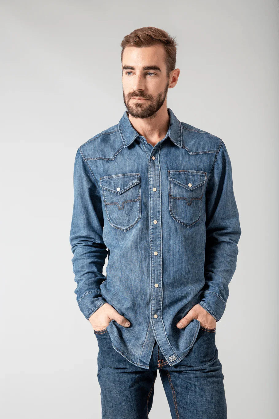 Kimes Ranch Grimes Dress Shirt in Dark Indigo with western yoke and two chest pockets