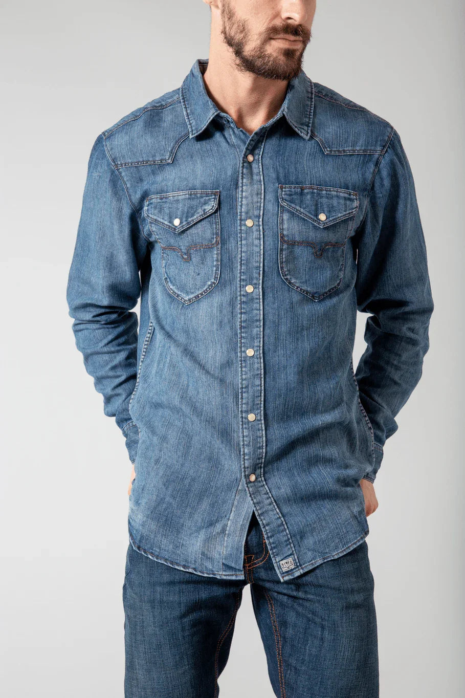 Kimes Ranch Grimes Dress Shirt in Dark Indigo with western yoke and two chest pockets
