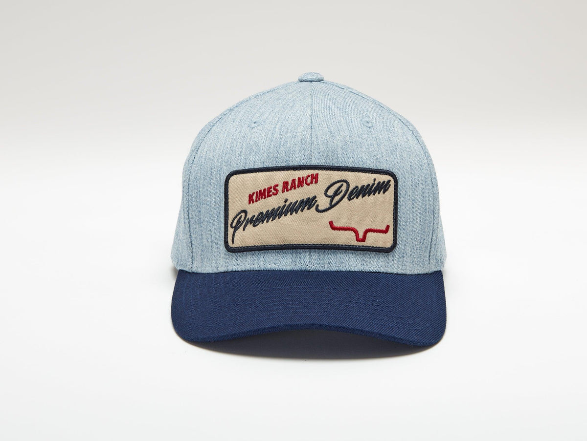 Kimes Ranch Premium Denim Hat in Blue Heather with a front embroidered logo patch and navy brim