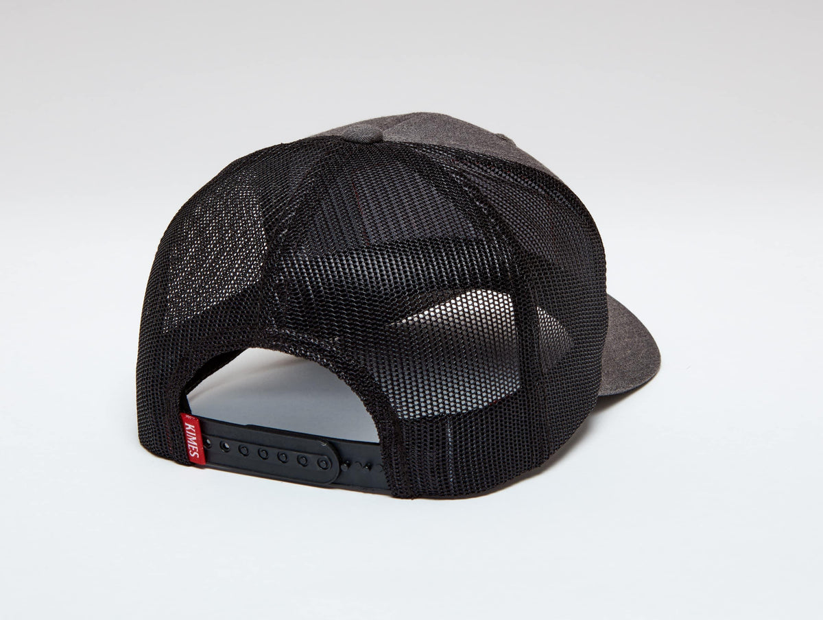 Kimes Ranch American Trucker Hat in Charcoal Heather, back view, with black mesh back and adjustable snap closure