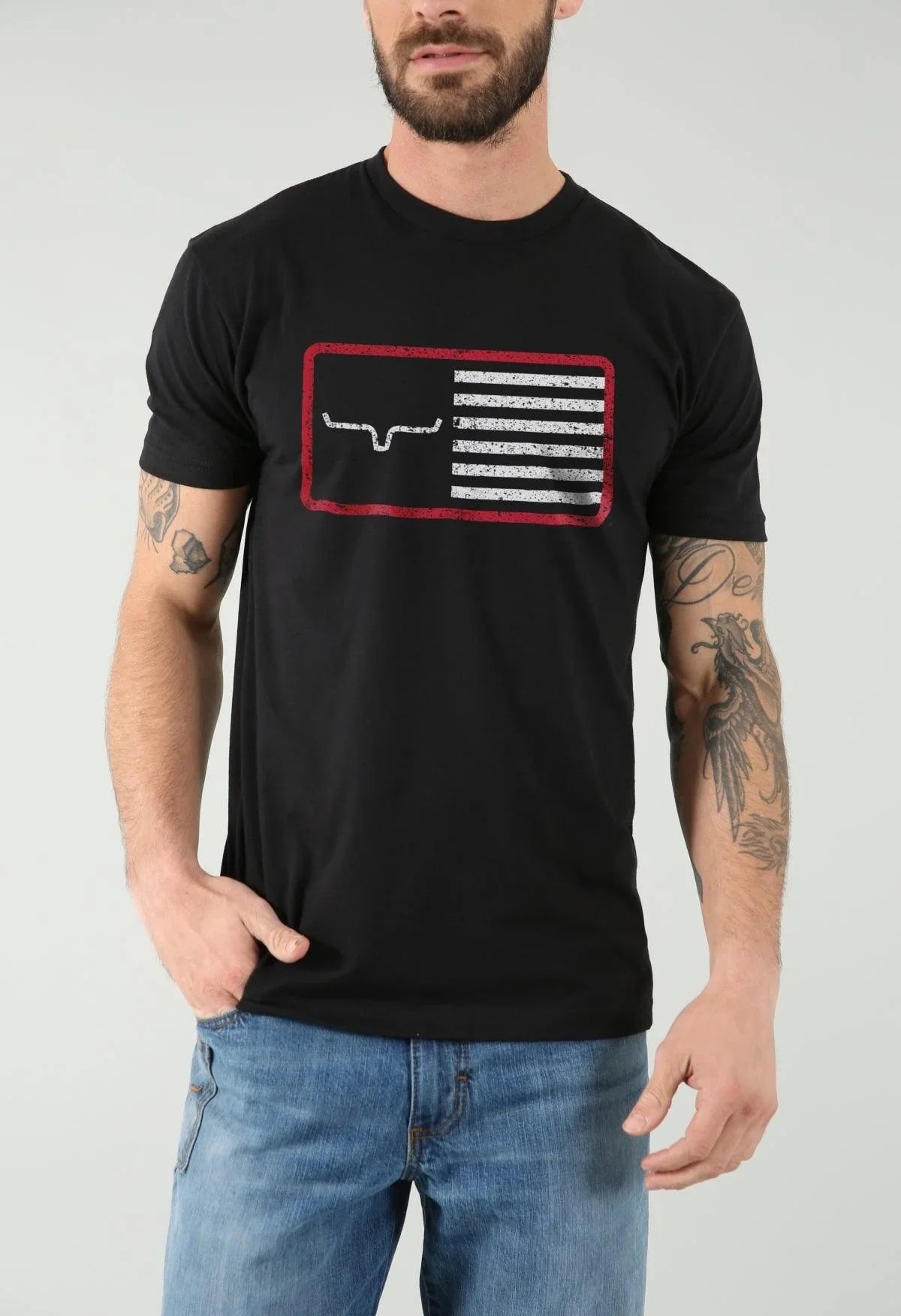 Kimes Ranch American Trucker Tee Shirt in Black with a distressed flag graphic featuring a stylized Kimes Ranch logo