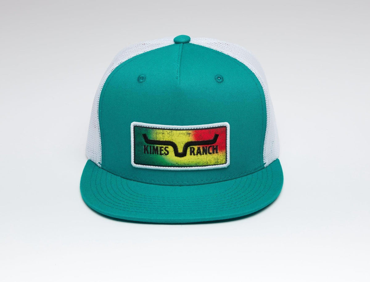 Kimes Ranch Blanket Trucker Hat in Teal with a white mesh back and a rectangular Kimes Ranch logo patch on the front