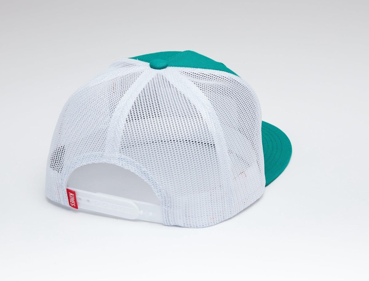 Kimes Ranch Blanket Trucker Hat in Teal, back view, with white mesh back and adjustable strap