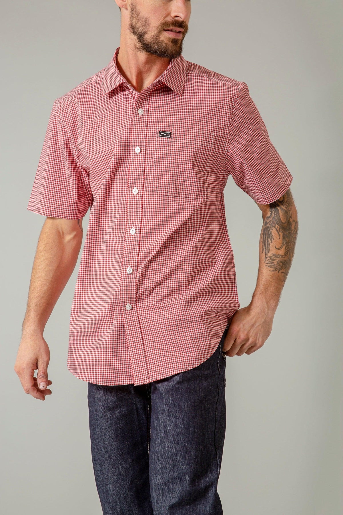 Kimes Ranch Chute Mini Check Dress Shirt in Red with short sleeves and a chest pocket
