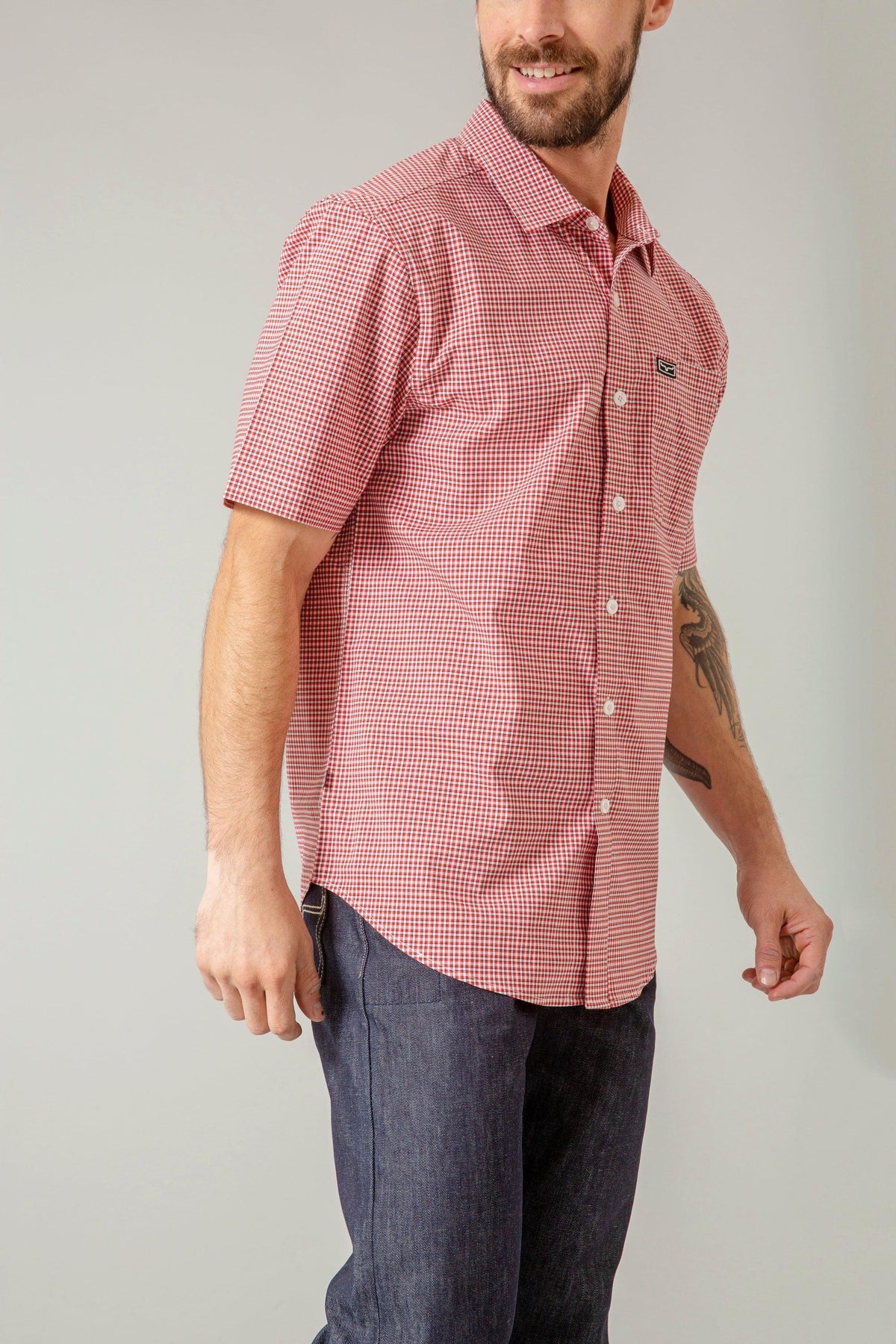 Kimes Ranch Chute Mini Check Dress Shirt in Red, side view, with short sleeves and a chest pocket