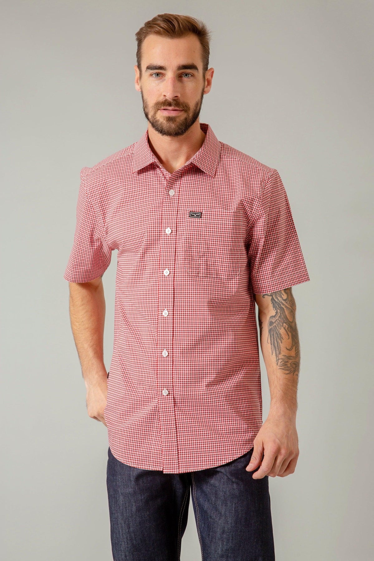 Kimes Ranch Chute Mini Check Dress Shirt in Red with short sleeves and a chest pocket