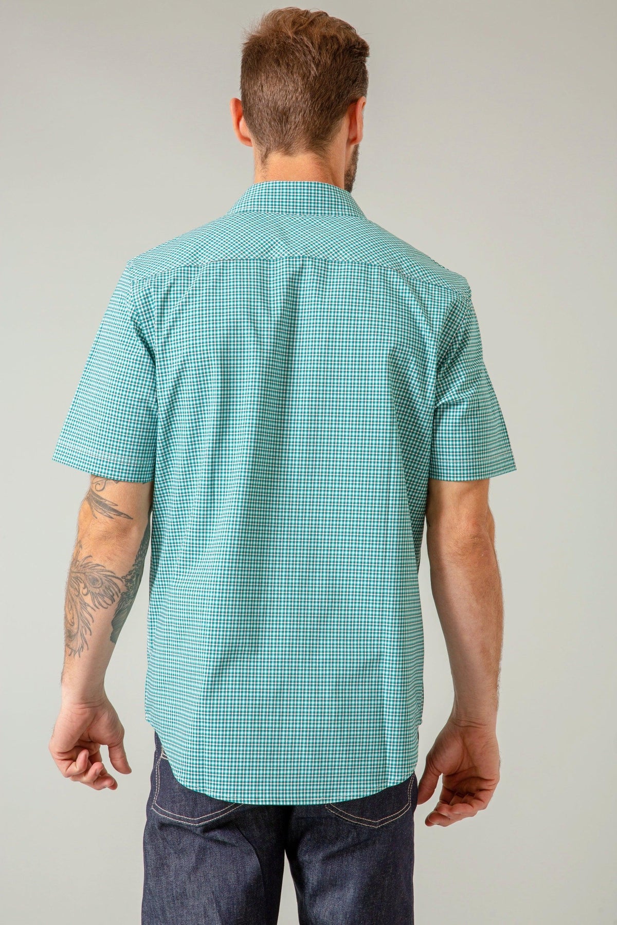 Kimes Ranch Chute Mini Check Dress Shirt in Teal, back view, with short sleeves and a back yoke