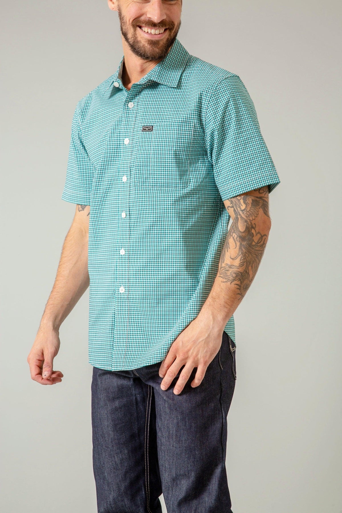 Kimes Ranch Chute Mini Check Dress Shirt in Teal with short sleeves and a chest pocket