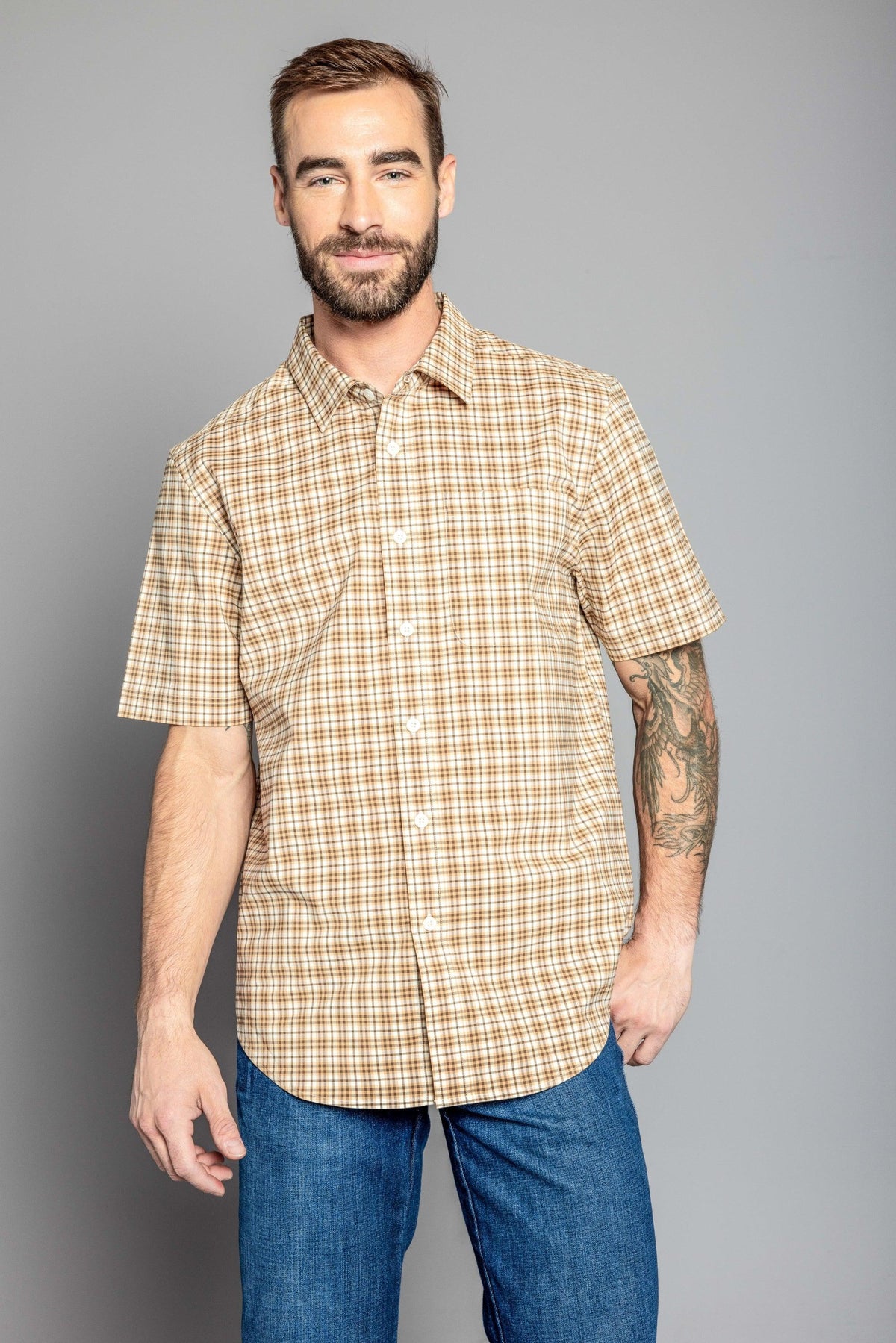 Kimes Ranch Chute Mini Check Dress Shirt in Work Wear Brown with short sleeves and a button front