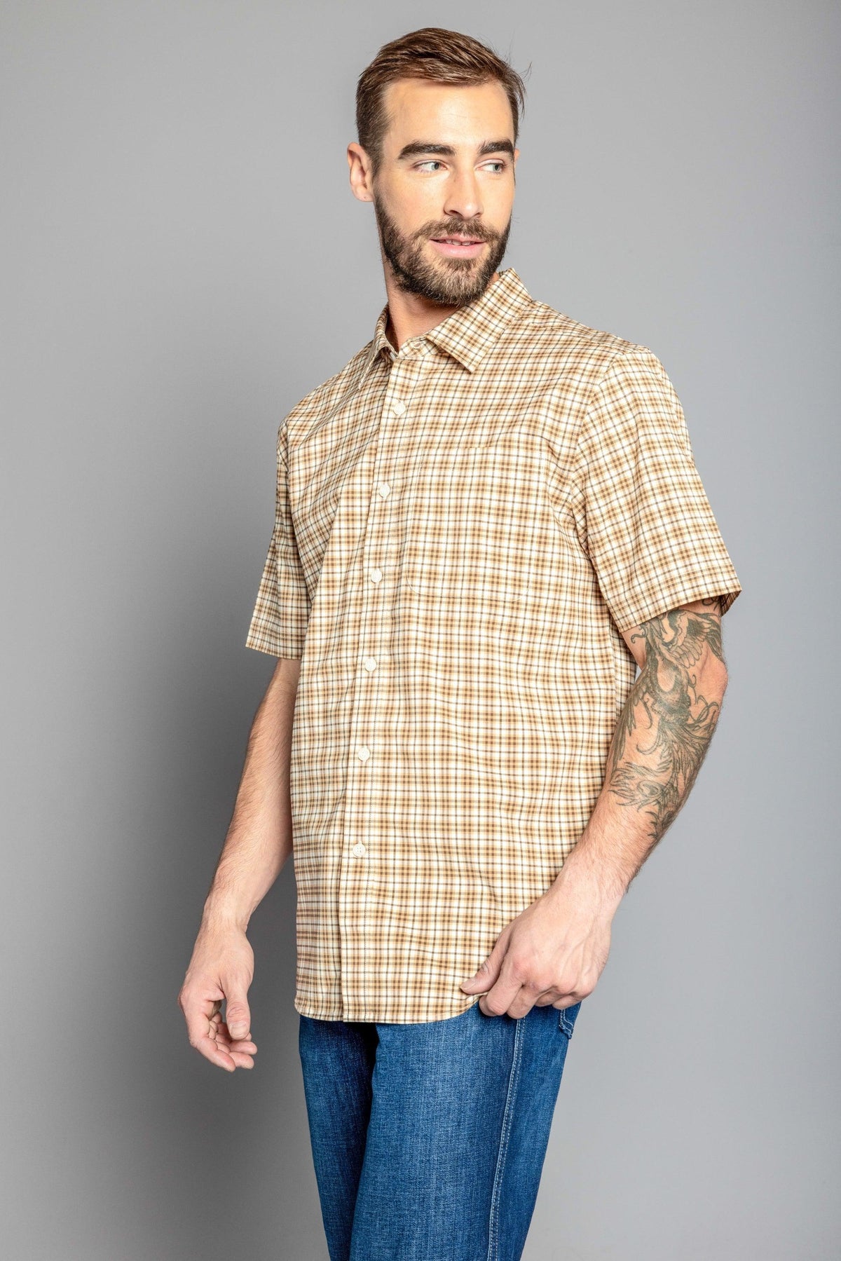 Kimes Ranch Chute Mini Check Dress Shirt in Work Wear Brown, side view, with short sleeves and a button front