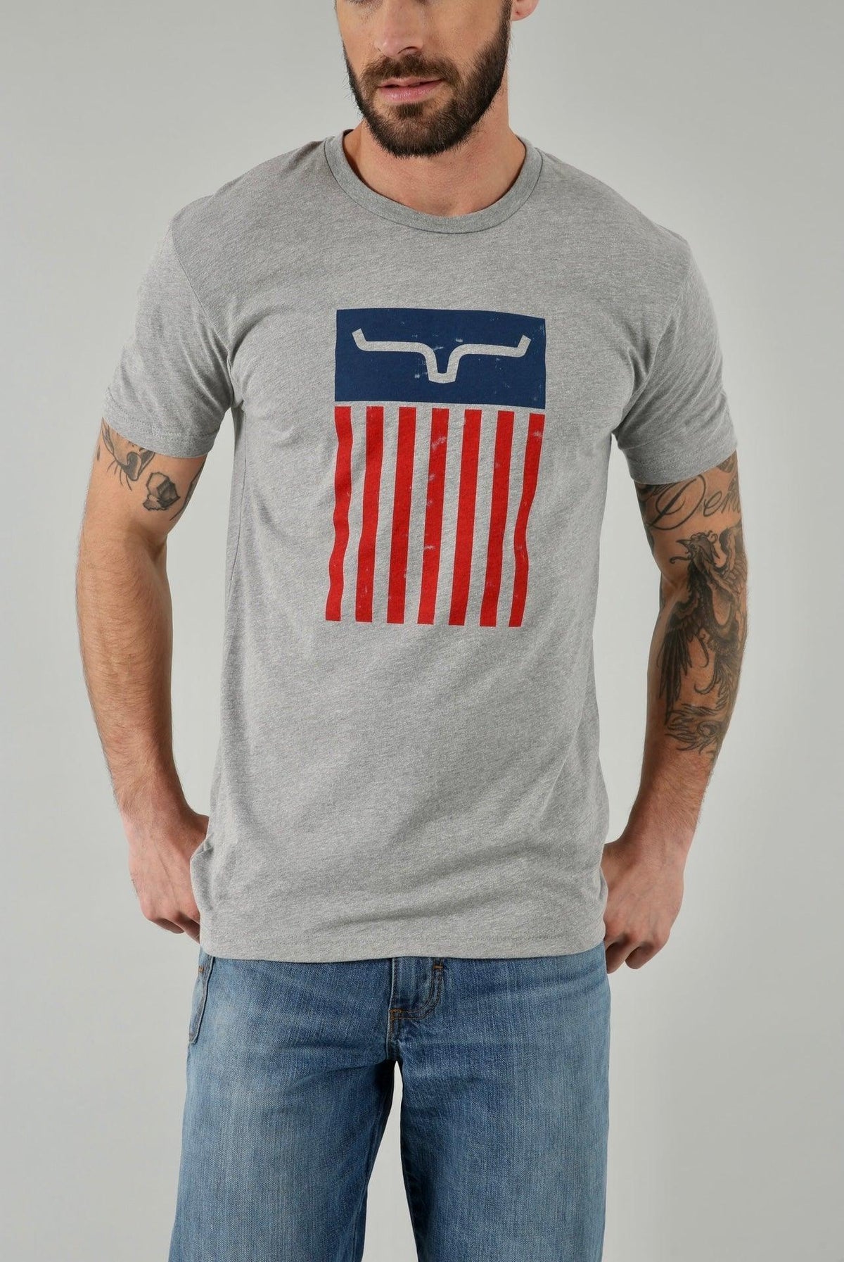 Kimes Ranch Cody Tee Shirt in Dark Grey Heather with a patriotic graphic featuring the Kimes Ranch logo and red stripes