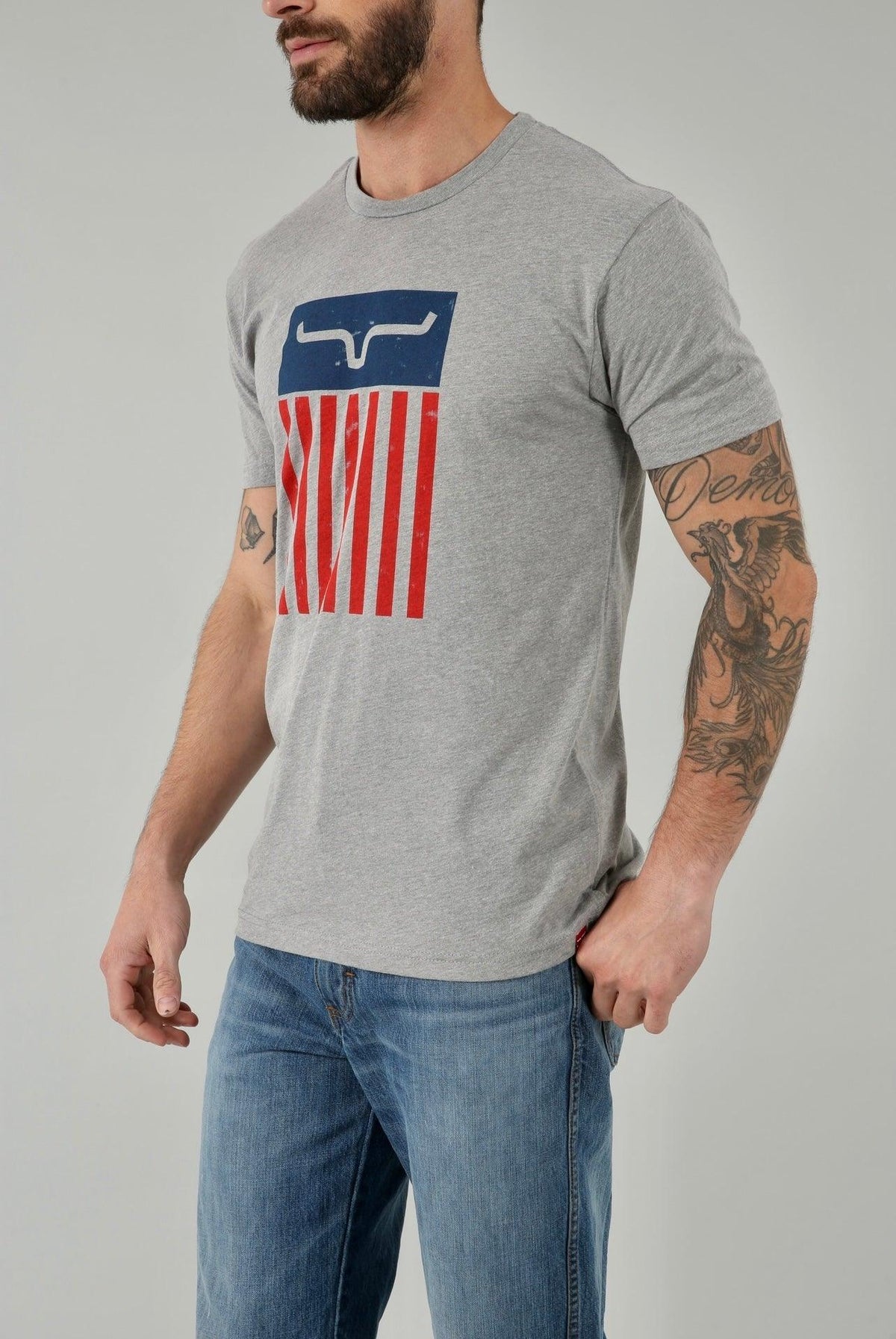 Kimes Ranch Cody Tee Shirt in grey with a patriotic graphic featuring a steer logo and red stripes