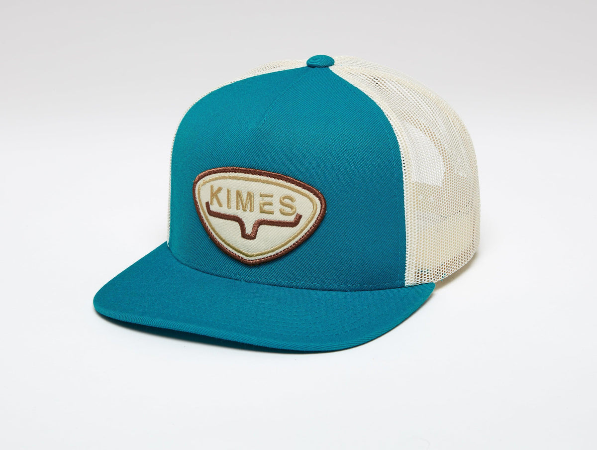 Kimes Ranch Conway Trucker Hat in Dark Teal with mesh back and embroidered logo