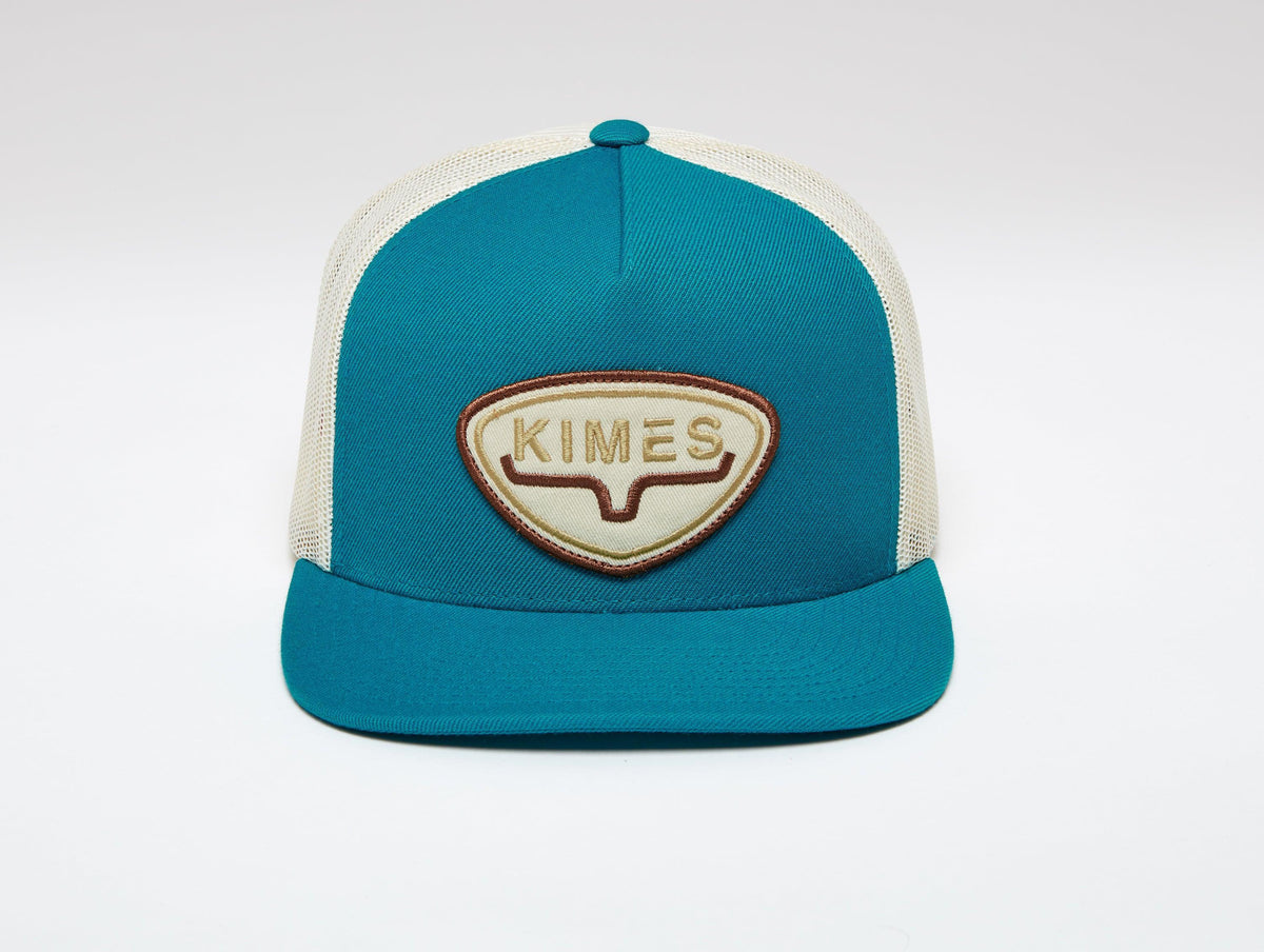 Kimes Ranch Conway Trucker Hat in teal with cream mesh back and embroidered Kimes Ranch logo patch