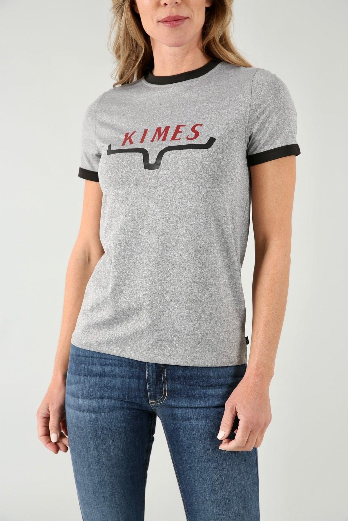 Kimes Ranch Fast Kimes Tech Tee in Grey Heather with black ringer trim and red KIMES logo with longhorn graphic