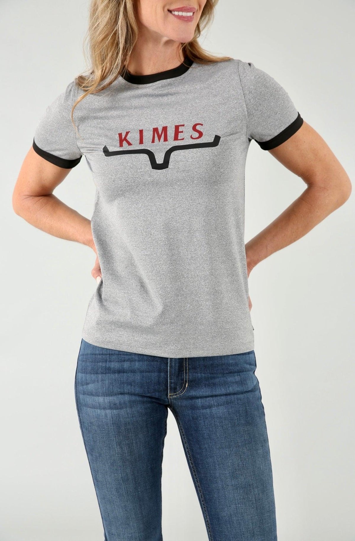 Kimes Ranch Fast Kimes Tech Tee in Grey Heather with black ringer trim and red Kimes Ranch logo