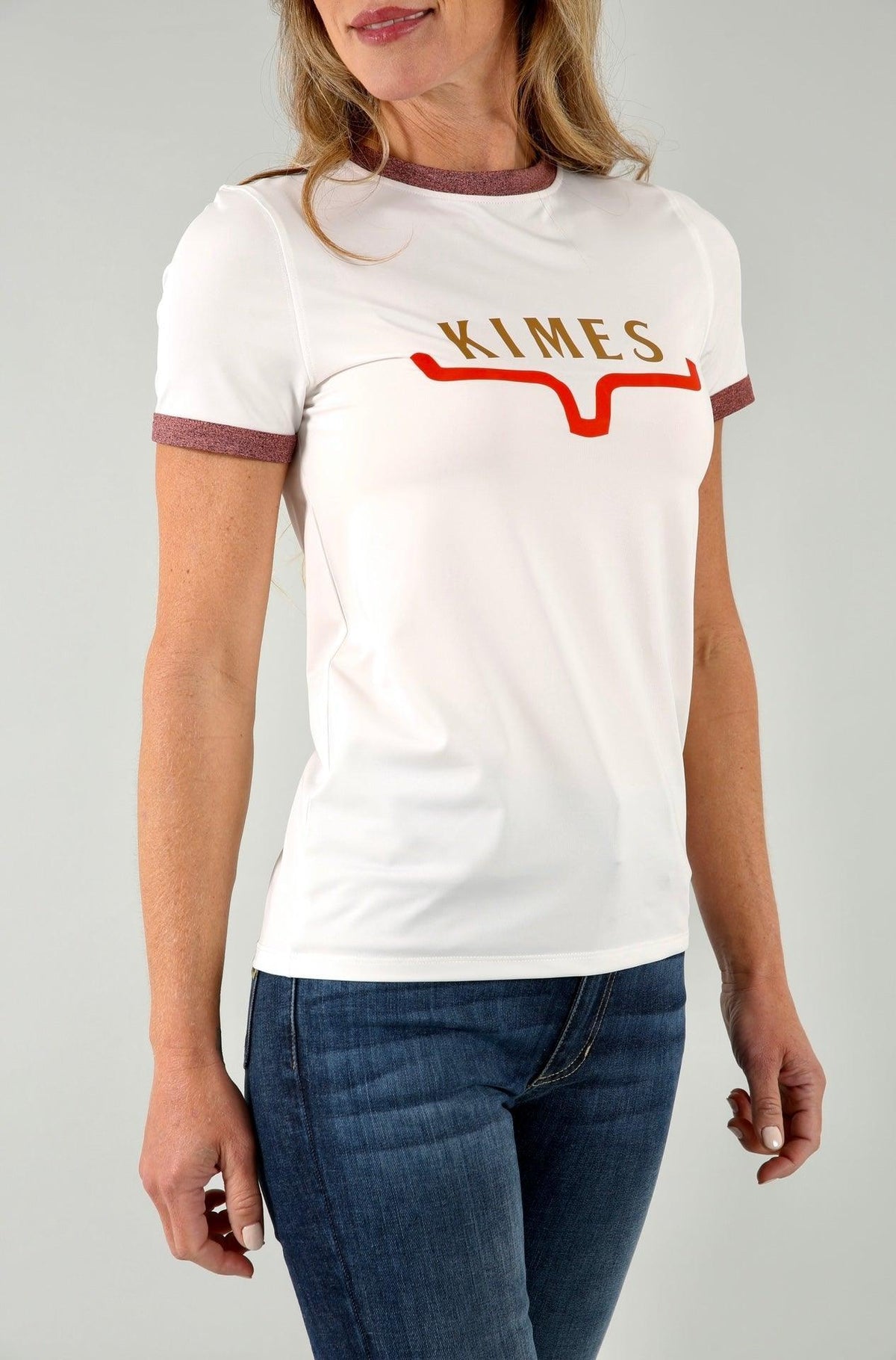Kimes Ranch Fast Kimes Tech Tee in Natural with maroon ringer trim and Kimes Ranch logo