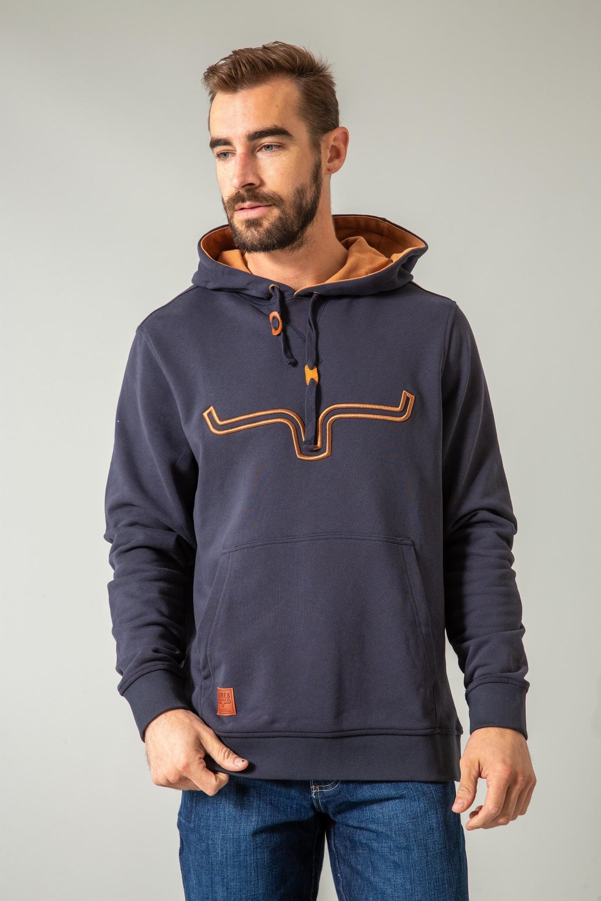 Kimes Ranch Fast Talker Hoodie in Navy with a longhorn graphic and kangaroo pocket
