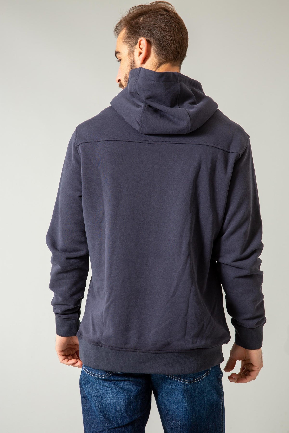Kimes Ranch Fast Talker Hoodie in Navy, back view, with a back yoke seam and ribbed cuffs