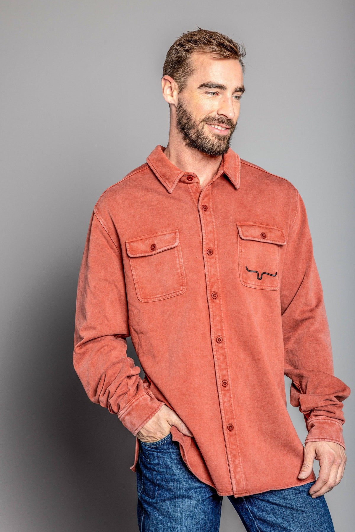 Kimes Ranch Ft Work Shirt Jacket in Dark Red with two button flap chest pockets and the Kimes Ranch logo on the left pocket