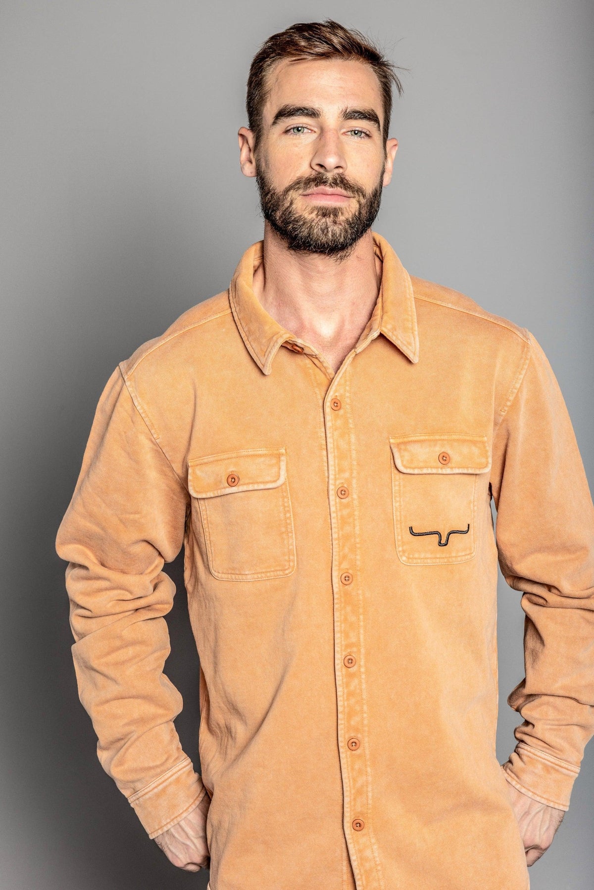 Kimes Ranch Ft Work Shirt Jacket in Work Wear Brown with two button flap chest pockets and the Kimes Ranch logo