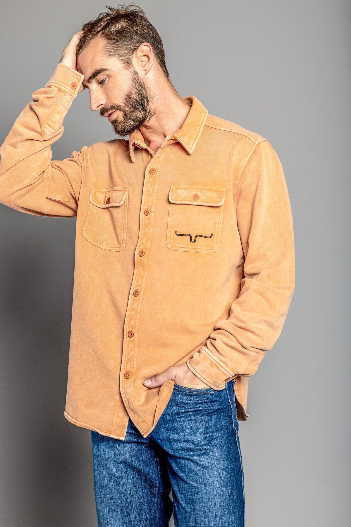 Kimes Ranch Ft Work Shirt Jacket in Work Wear Brown with chest pockets and the Kimes Ranch logo