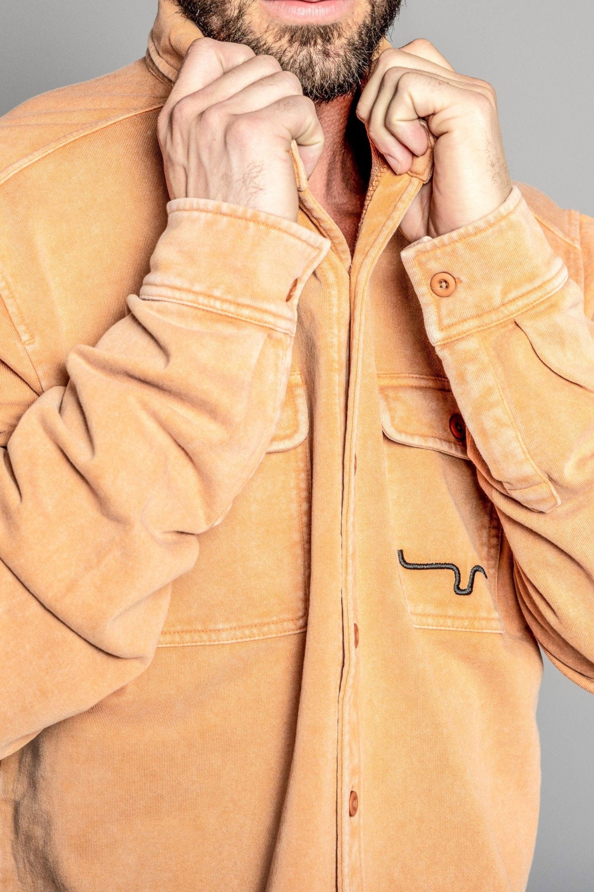 Kimes Ranch Ft Work Shirt Jacket in Work Wear Brown, close-up, with button cuffs