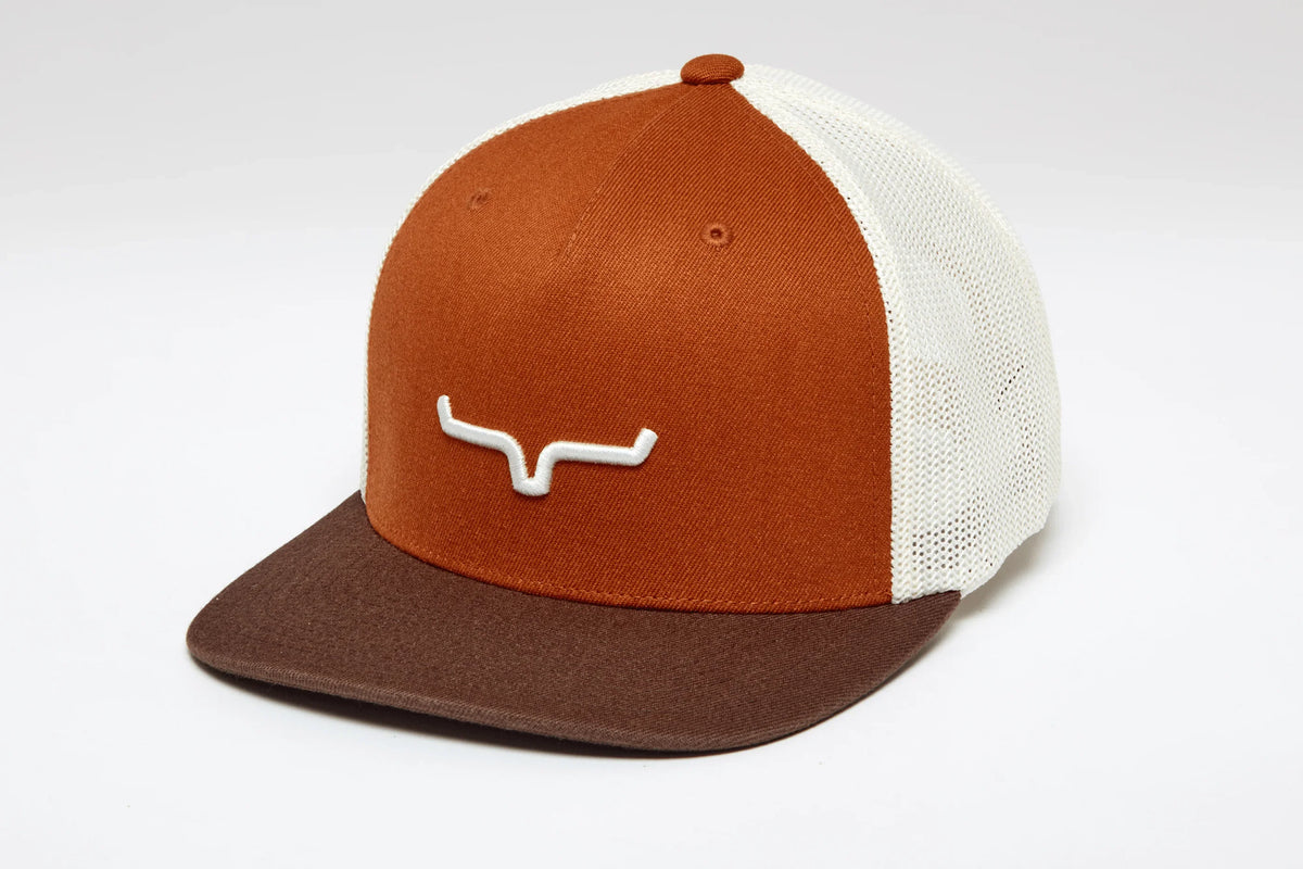 Kimes Ranch G&T 110 Hat in Burnt Orange, side view, with white mesh back and brown brim