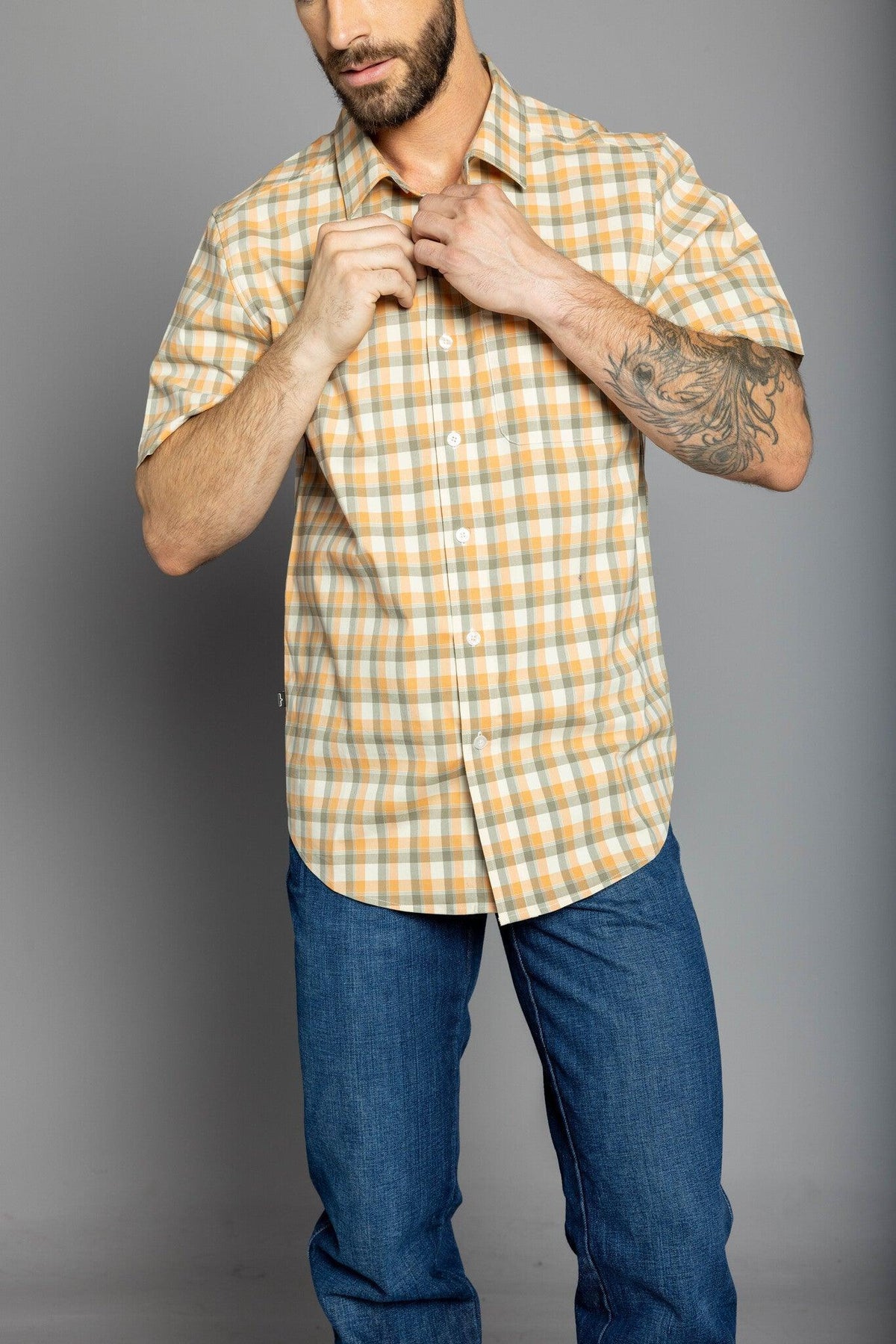 Kimes Ranch Go Round Plaid Dress Shirt in Gold with short sleeves and a button front