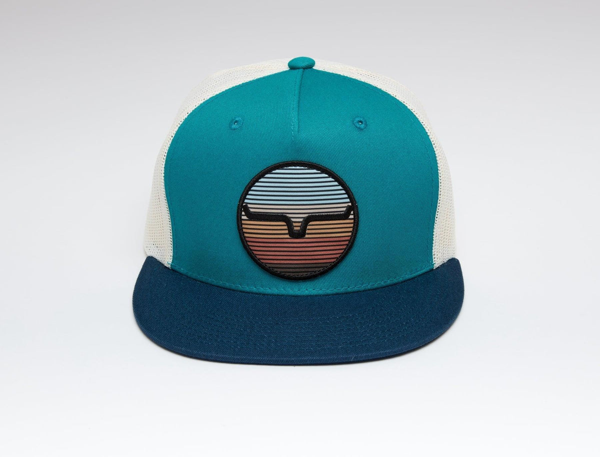 Kimes Ranch The Graduate Trucker Hat in teal with navy brim and mesh back