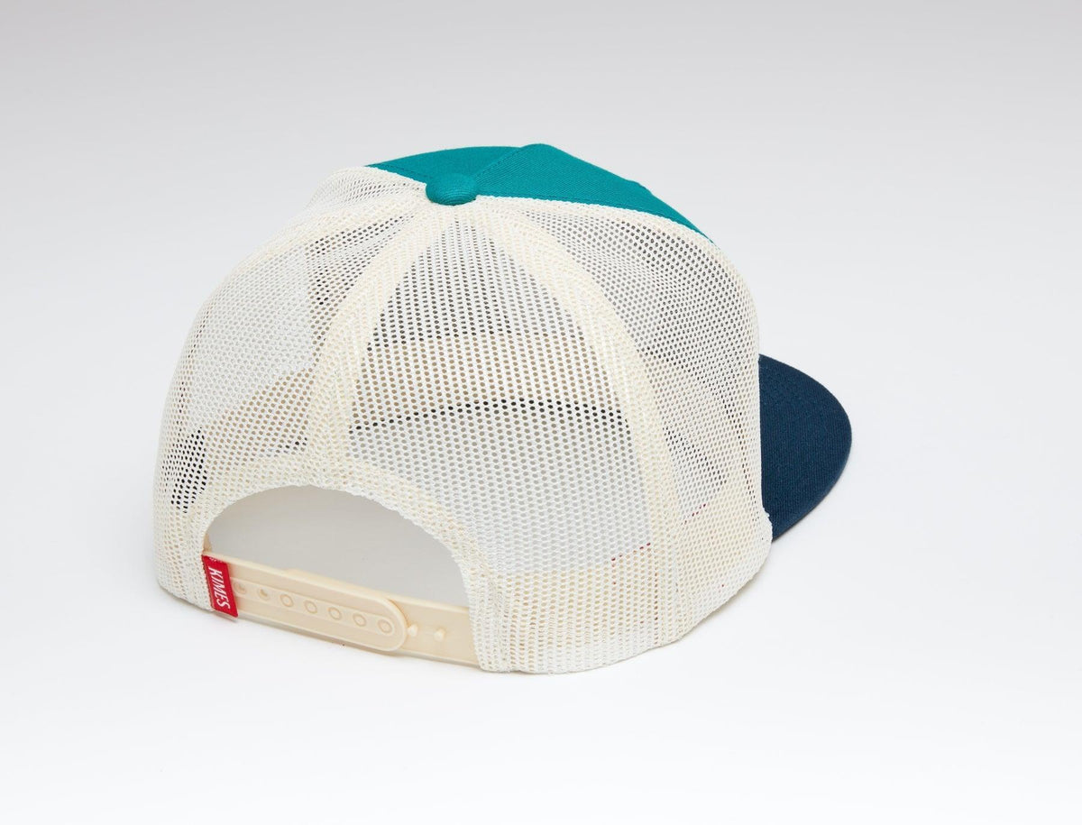 Kimes Ranch The Graduate Trucker Hat, back view, with white mesh back and teal front panel