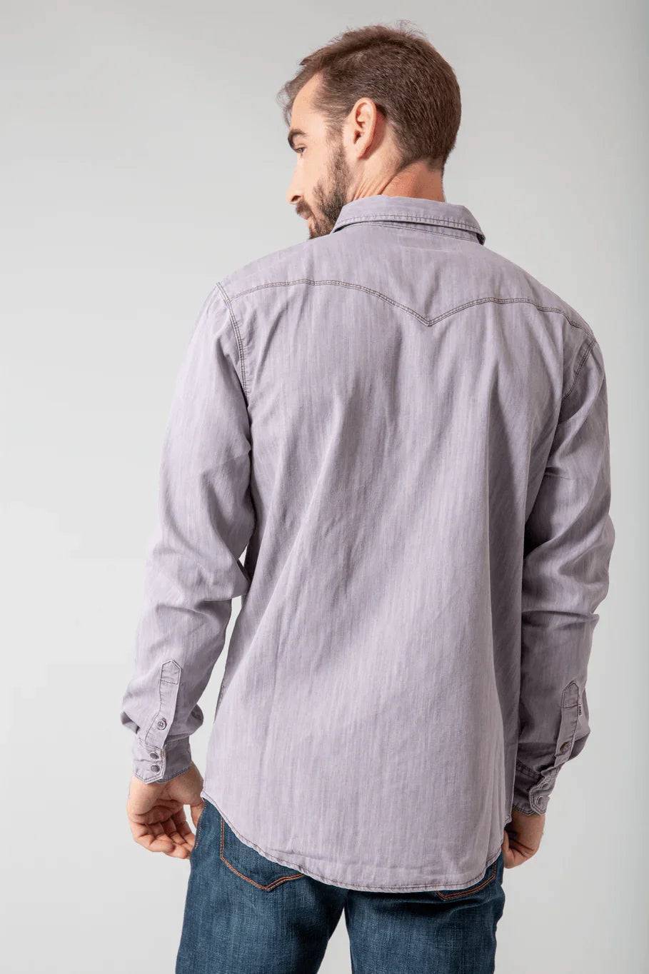 Kimes Ranch Grimes Dress Shirt, back view, in Grey with a back yoke and long sleeves
