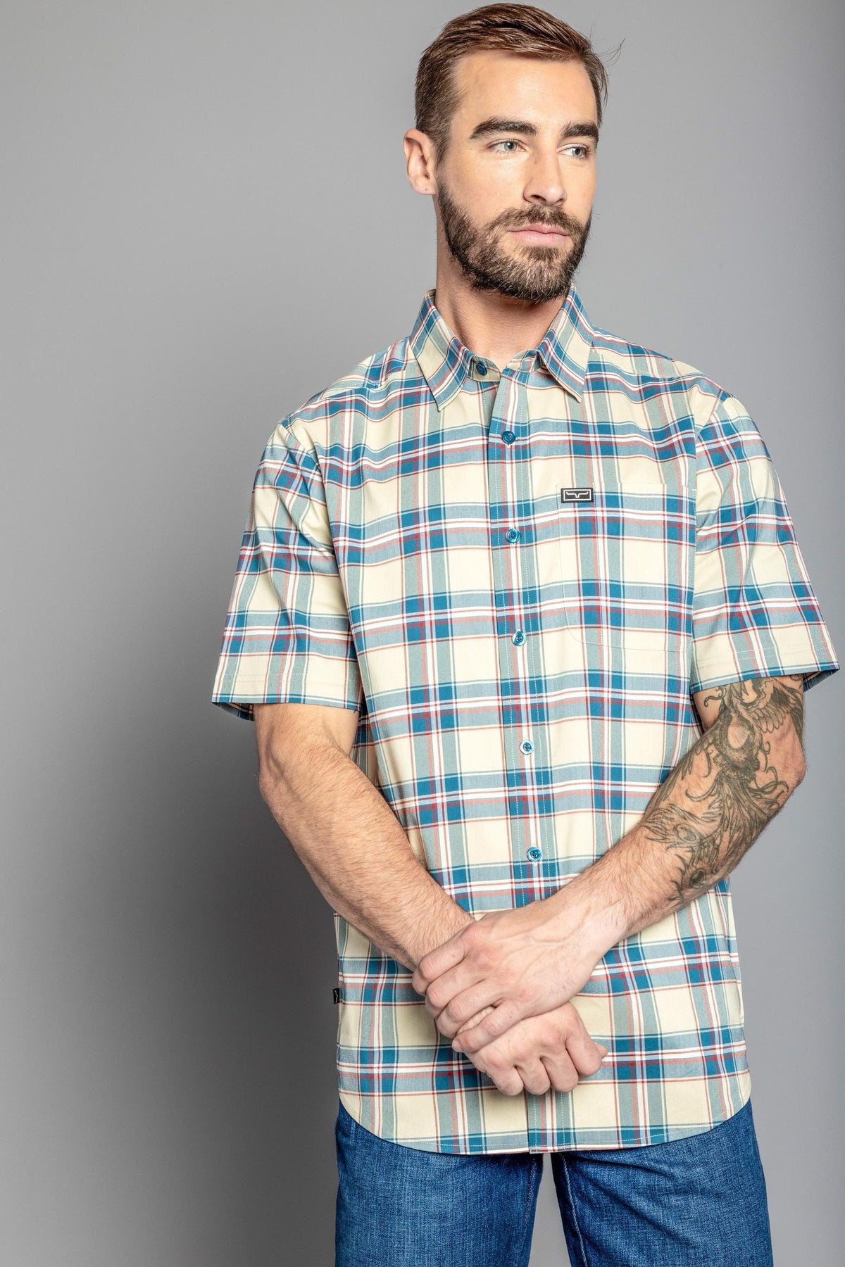 Kimes Ranch 4 Stroke Plaid Dress Shirt in Dark Blue with short sleeves and a button front