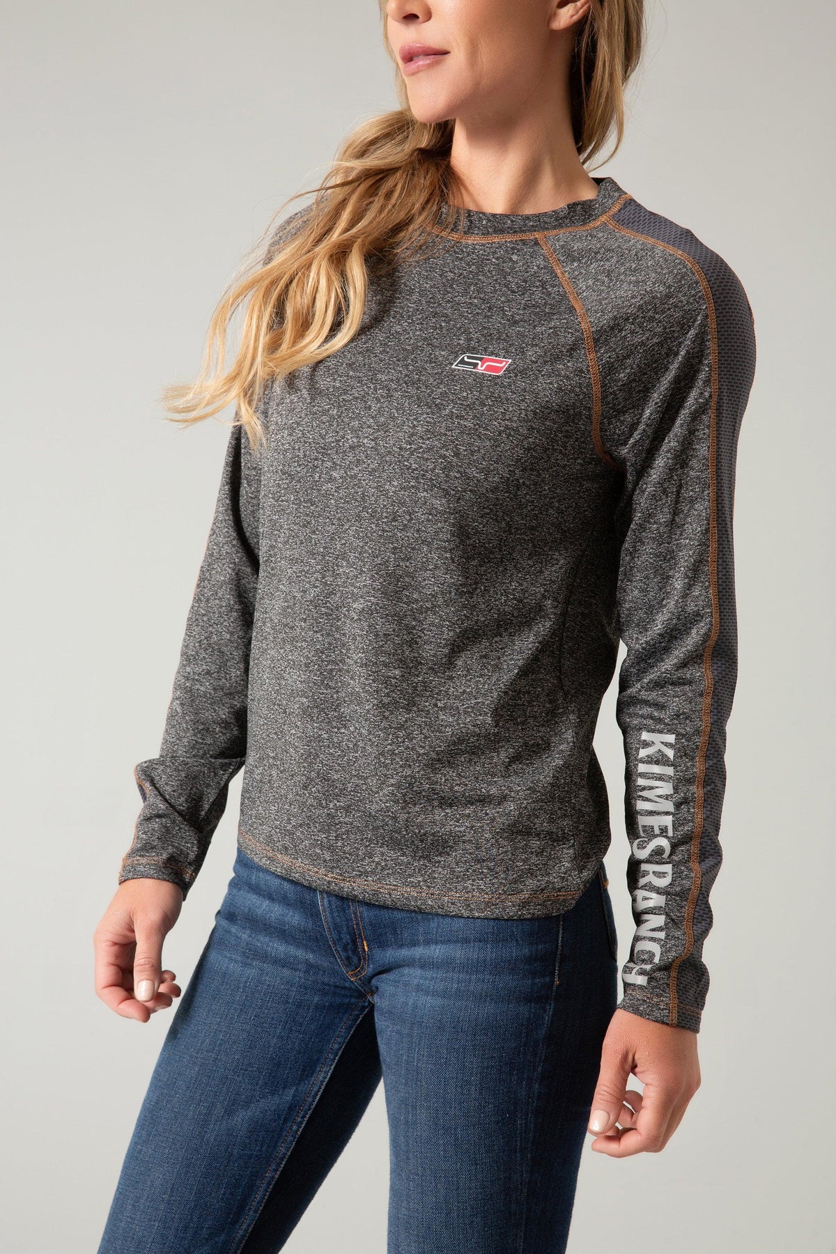 Kimes Ranch K1 Ls Tech Tee Shirt in Grey Heather with a chest logo and Kimes Ranch text on the sleeve