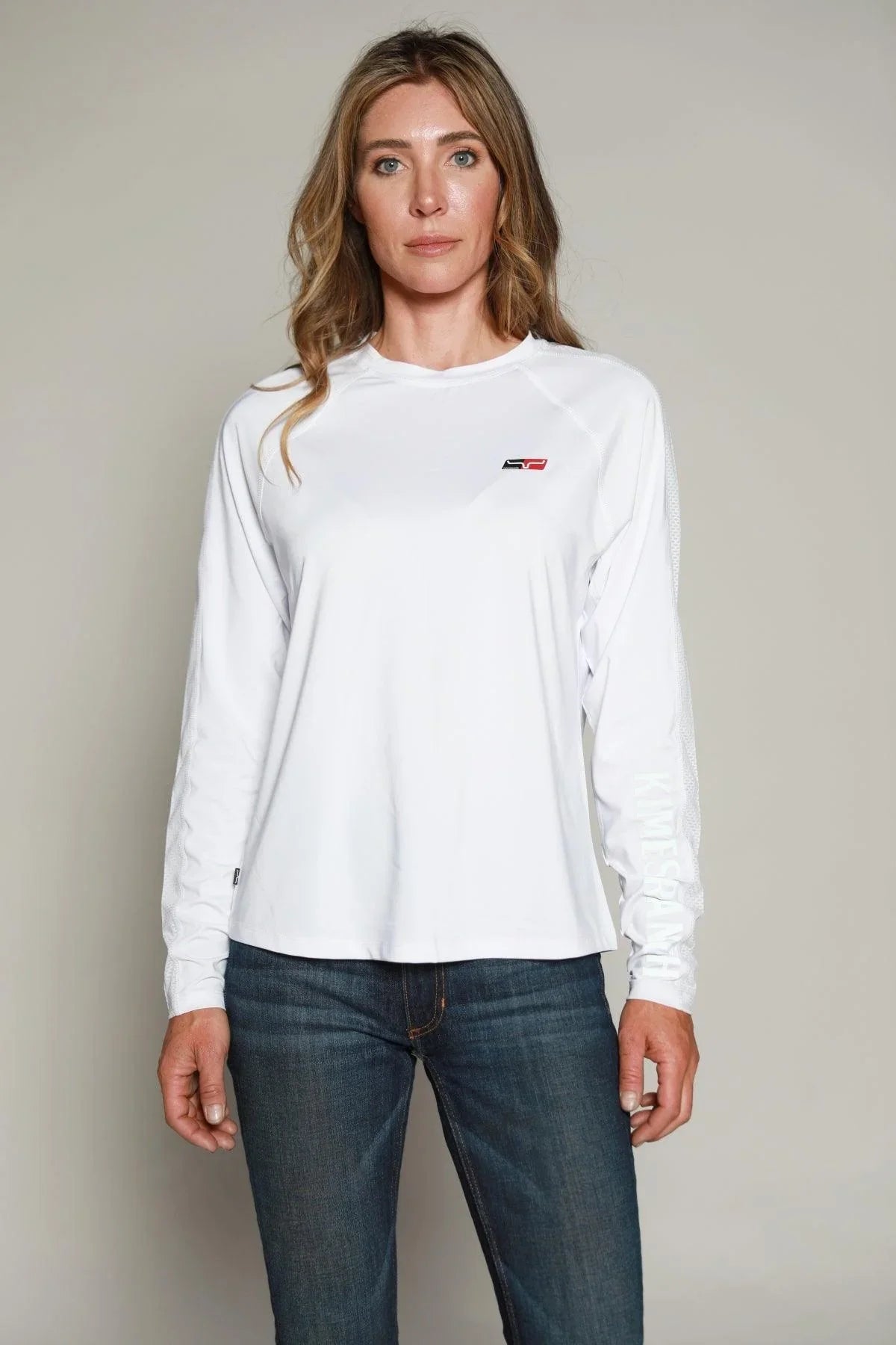 Kimes Ranch K1 Ls Tech Tee Shirt in White with a small chest logo and mesh sleeve panels