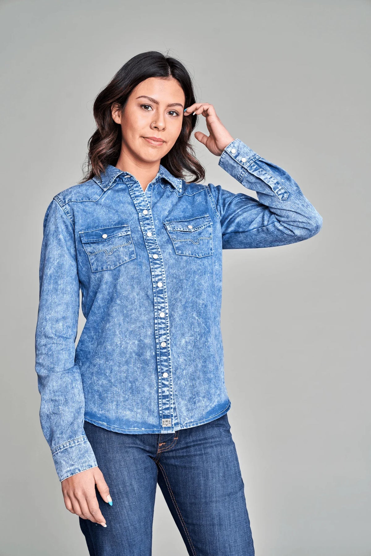 Kimes Ranch KC Tencel Top in Indigo with a button front and two chest pockets