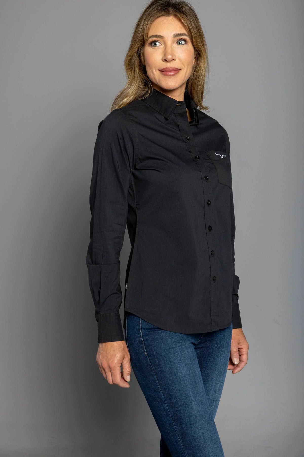Kimes Ranch Ladies KR Team Shirt (Long) in Black, side view, with long sleeves and chest pocket