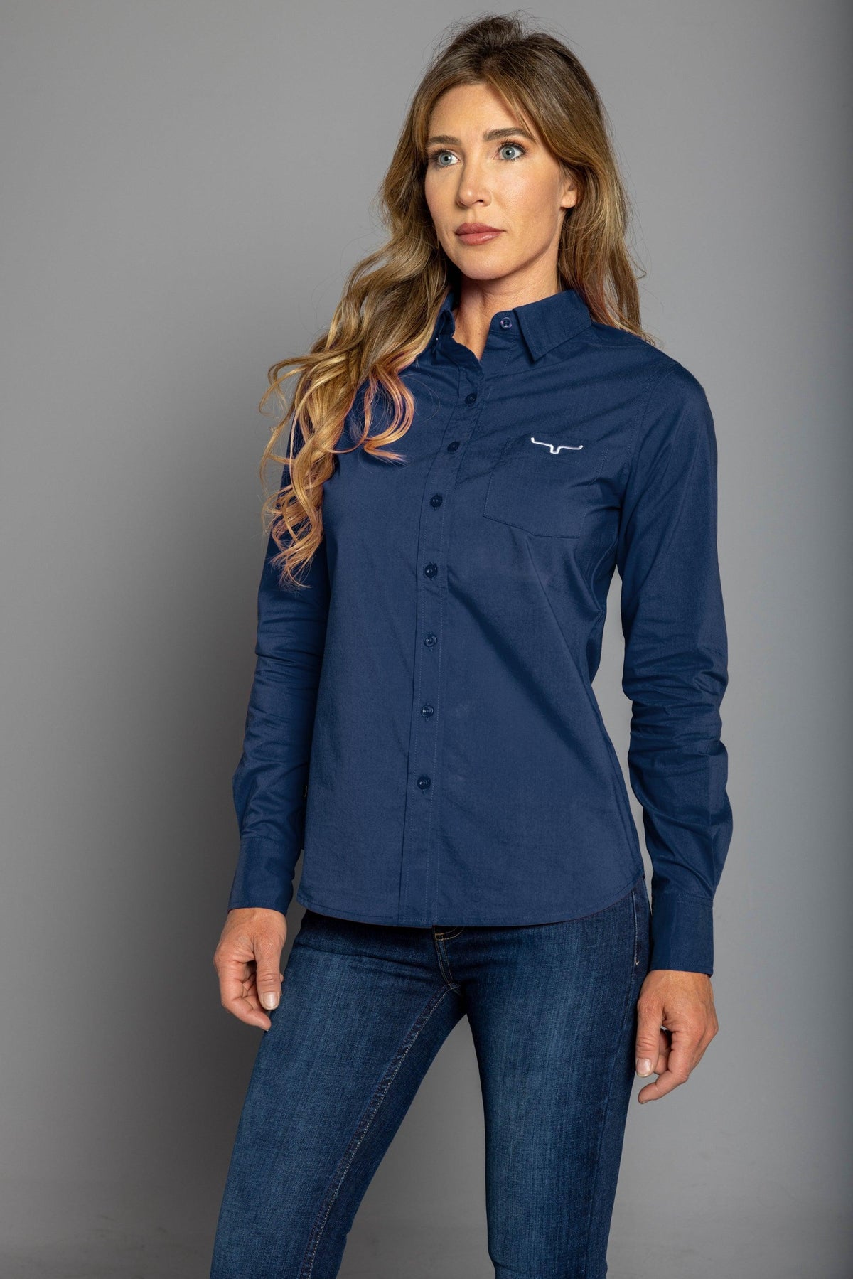 Kimes Ranch Ladies KR Team Shirt (Long) in Navy with long sleeves and a chest pocket with the Kimes Ranch logo
