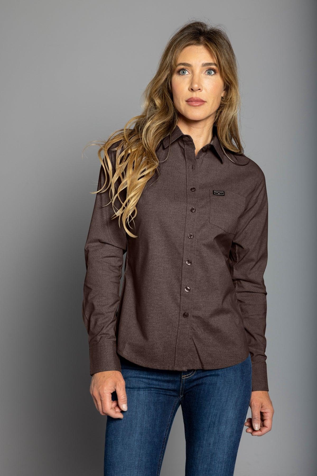 Kimes Ranch Ladies Linville top in Tobacco with long sleeves and a chest pocket
