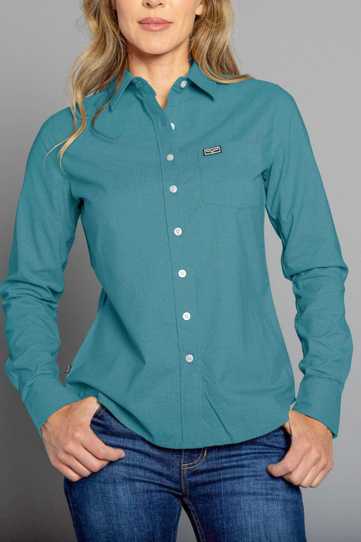 Kimes Ranch Ladies Linville long sleeve button-up top in Blue with a chest pocket and logo