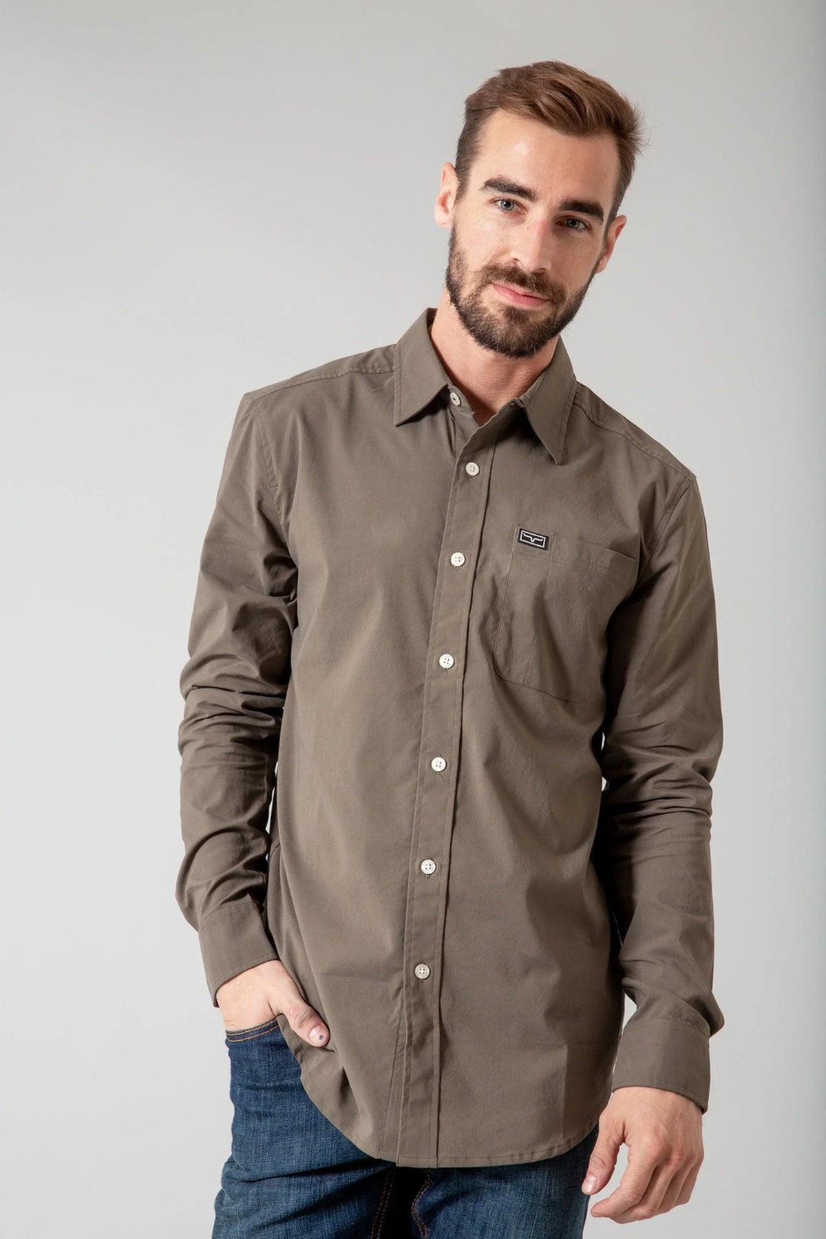 Kimes Ranch Linville Long Sleeve Dress Shirt in Army with a button front and chest pocket with logo