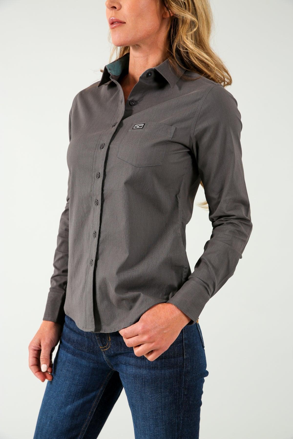 Kimes Ranch Ladies Linville top in Pewter, side view, with a chest pocket and logo